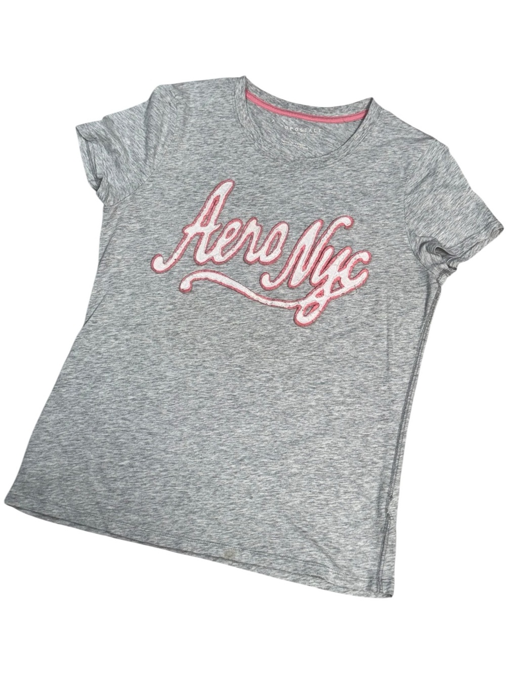 Y2K Aeropostale Aero NYC Logo Graphic Tee Gray Pink Applique Short Sleeve XL